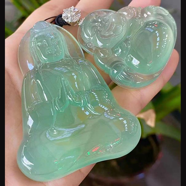翡翠觀音佛一對(duì) 收藏品 高冰晴綠